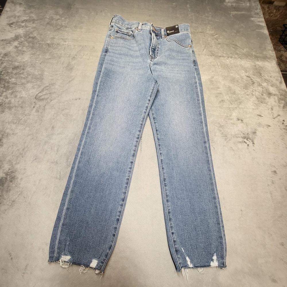 Express Jeans Womens 2 Blue Slim Straight Super High Rise Distressed Stretch